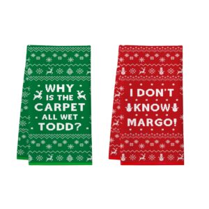 christmas vacation decorations, 2pcs funny christmas kitchen towels, griswold family cousin eddie christmas vacation merchandise, holiday bathroom decor - why is the carpet all wet? i don't know margo