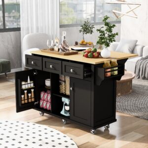 LUMISOL Kitchen Island on 5 Wheels with Wood Drop Leaf, Storage Cabinets and 3 Drawers, Rolling Kitchen Island Cart with Open Storage Shelves, Black