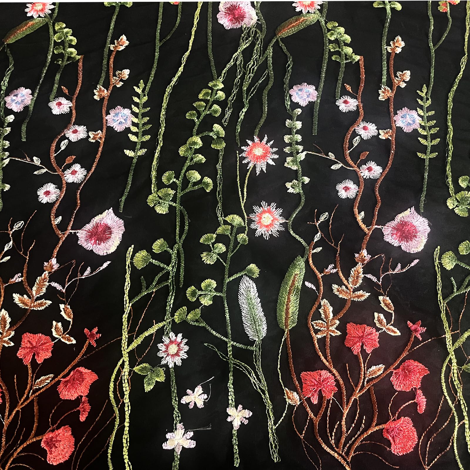 Buchuang Lace Fabric,2 Yards Black Beautiful Multicolor Seaweed Flowers Dense Embroidery Fabric Tulle Lace DIY for Sewing Dress Accessories (71inch x 59inch)