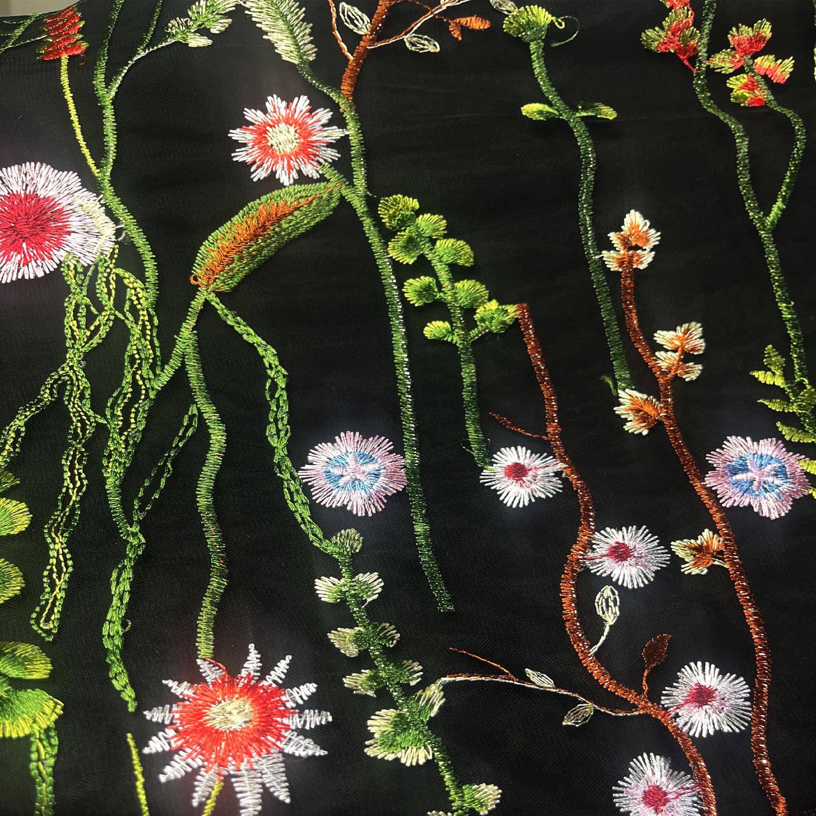 Buchuang Lace Fabric,2 Yards Black Beautiful Multicolor Seaweed Flowers Dense Embroidery Fabric Tulle Lace DIY for Sewing Dress Accessories (71inch x 59inch)