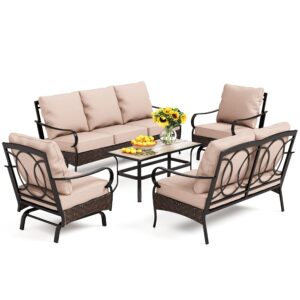 PHI VILLA Patio Furniture Set, 5 Pieces Outdoor Metal Wicker Conversation Sofa Set for Backyard w/Coffee Table, Seat Cushions