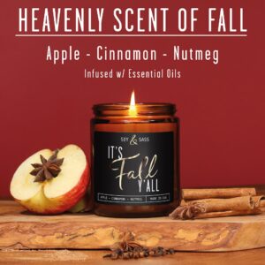 Fall Candles - 'It's Fall Yall' Fall Candle w/Apple Cinnamon & Nutmeg I Infused with Essential Oils I Autumn Fall Scented Candles I Cozy Cute Fall Décor Fall Gifts I 9oz Jar I 50Hr Burn I Made in USA