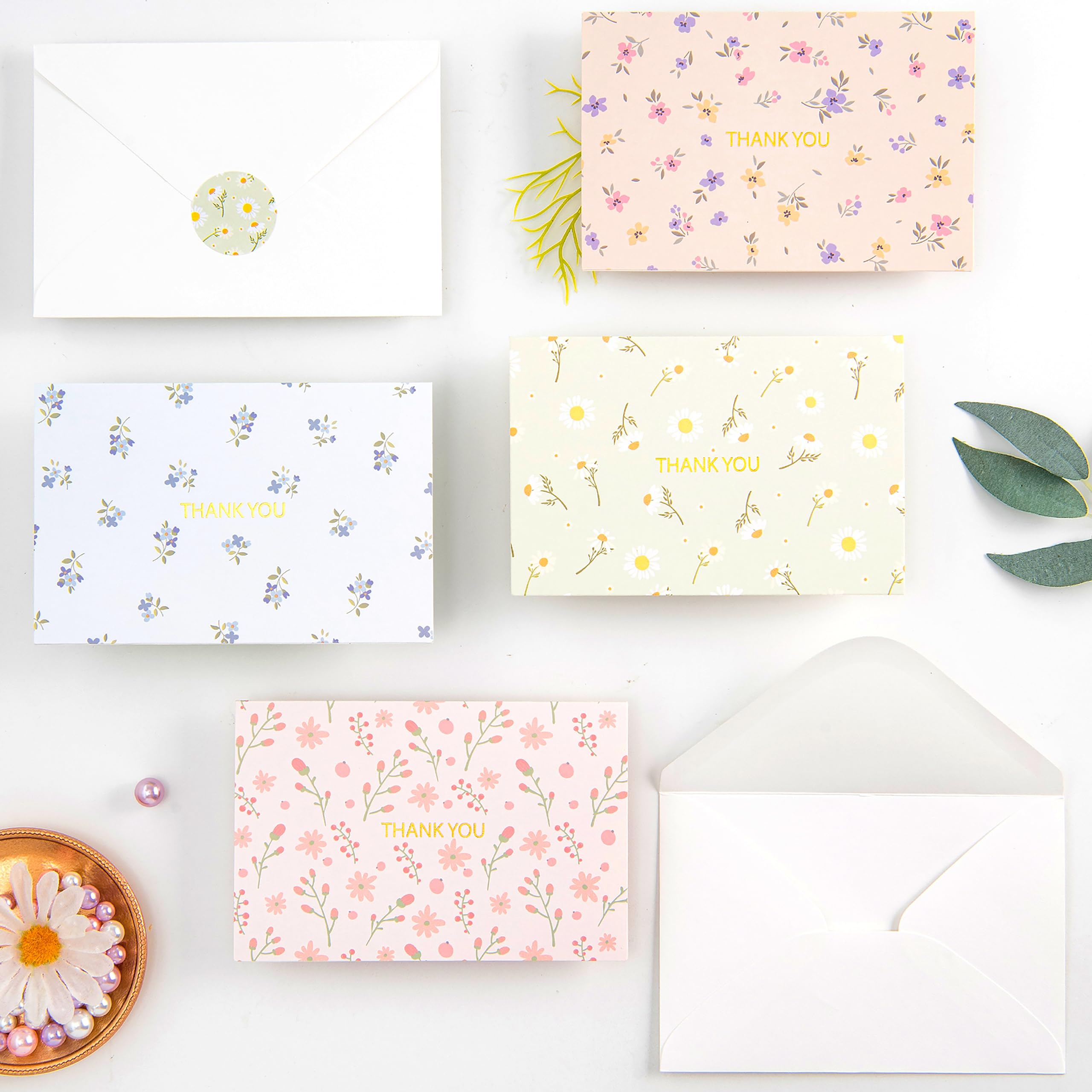 Crisky 50 Pack Floral Thank You Cards with Envelopes & Stickers for Birthday, Baby Shower,Bridal Shower, Wedding, Graduation, Business. 6 Assorted Full Version of Gold Stamping Wild Flower Design