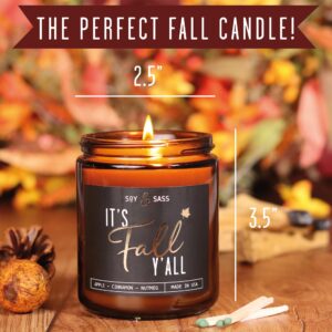 Fall Candles - 'It's Fall Yall' Fall Candle w/Apple Cinnamon & Nutmeg I Infused with Essential Oils I Autumn Fall Scented Candles I Cozy Cute Fall Décor Fall Gifts I 9oz Jar I 50Hr Burn I Made in USA