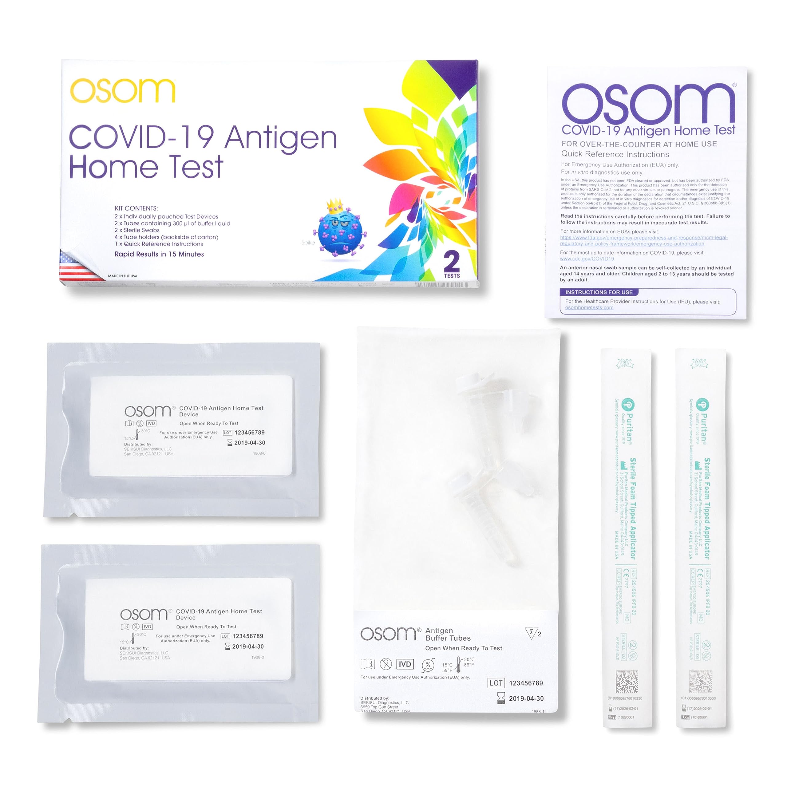 Osom COVID-19 Antigen Home Test, 2 Rapid Tests Included, Results in 15 Minutes, Made in The USA, Easy to Use (2 Tests)