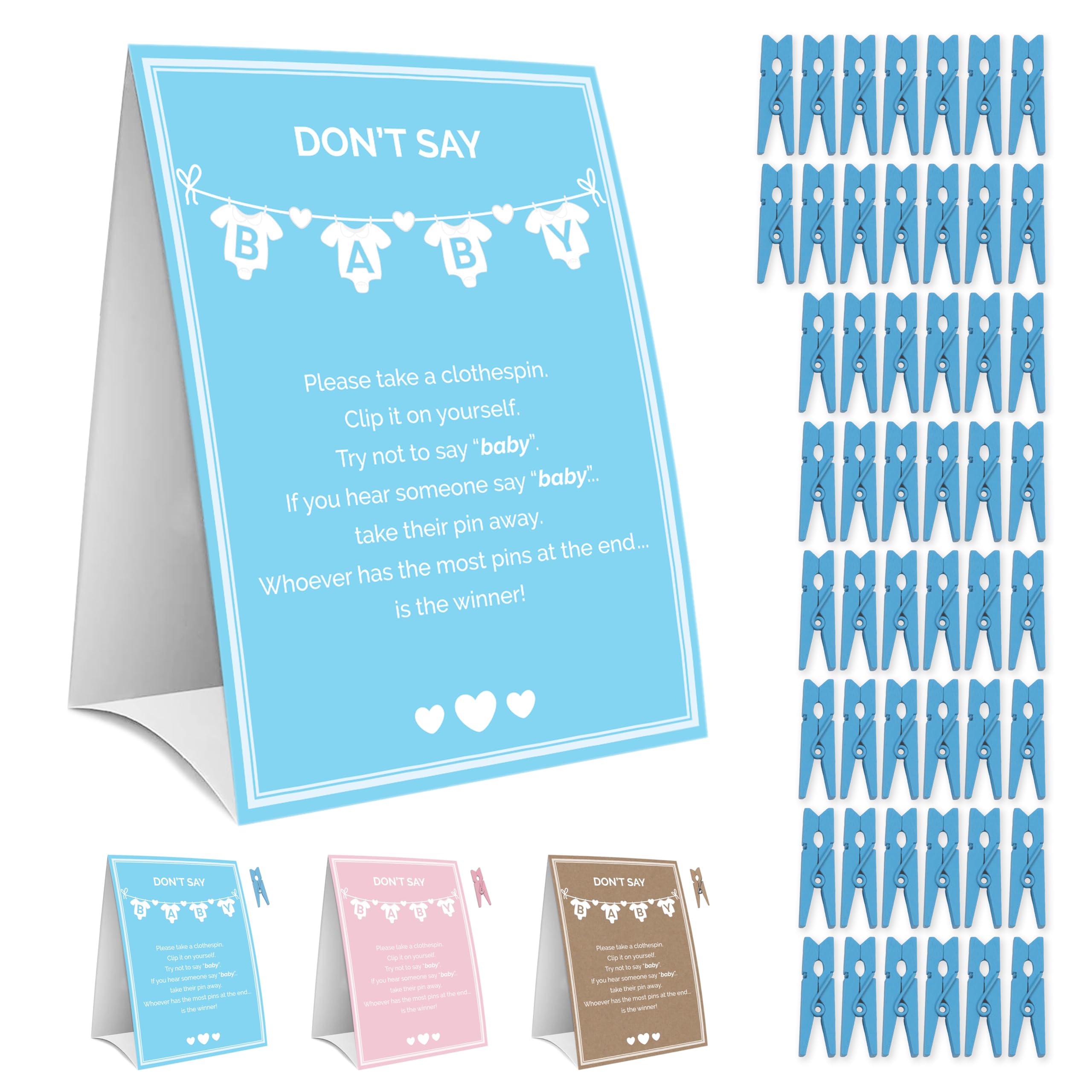 Party Hearty Baby Shower Games for Boy, Don't Say Baby Game,1 Sign and 50 Mini Blue Clothespins, Don't Say Baby Baby Shower Game, Baby Shower Ideas