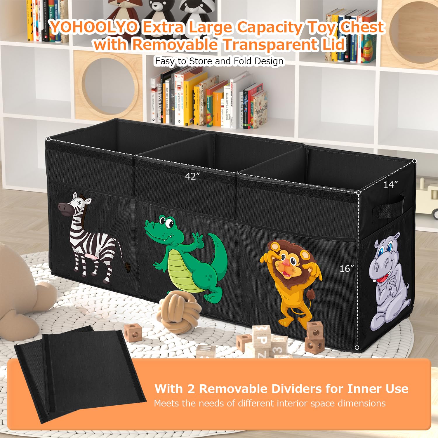 Extra Large Toy Box, Collapsible Sturdy Toy Storage Organizer with Lids, Dinosaur Toy Box for Boys Girls, 42"x16"x14" Kids Toy Chest Bin Box Baskets for Living Room, Playroom, Bedroom, Nursery, Black