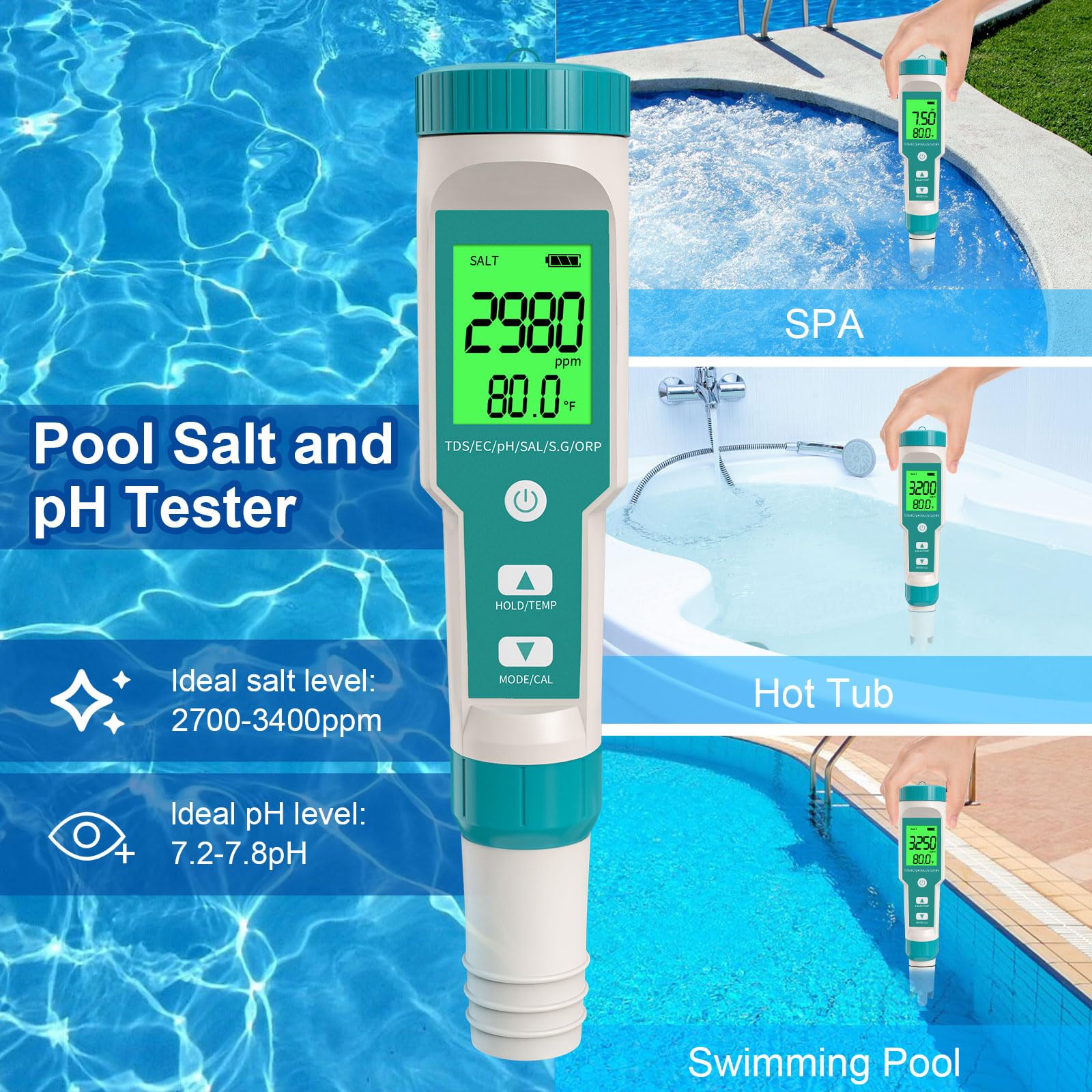 Yewhick Pool Salt Tester Yewhick pH and Salt Meter for Saltwater Pool pH Tester and Digital Salinity Tester 7 in 1 Salinity Meter for Swimming Pools Hot Tubs and Swim Spas