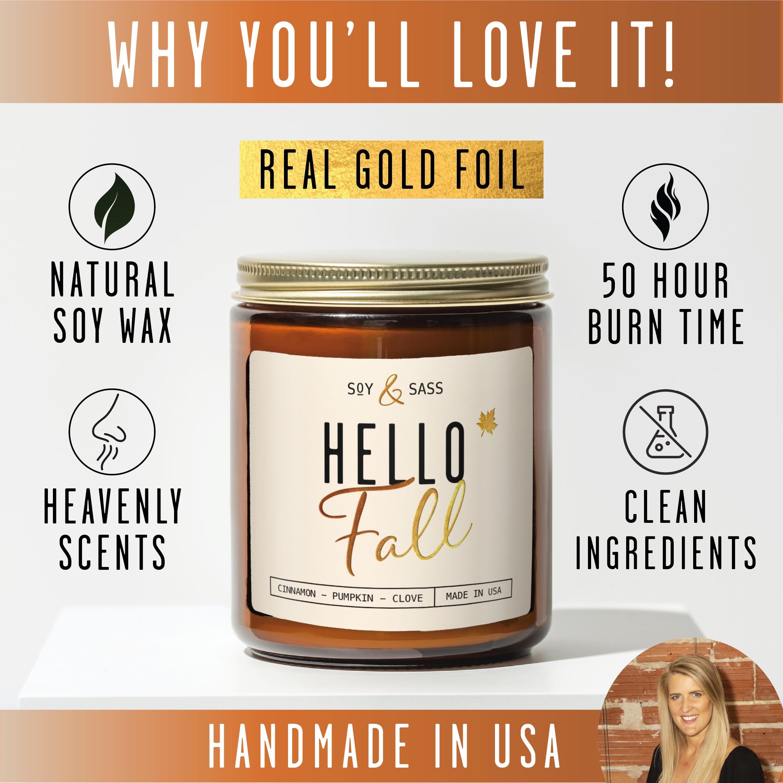 Fall Candles - 'Hello Fall Candle'' Autumn Scented Soy Candles for Home, Fall Scented Candles for Home, Fall Home Décor, 9oz Reusable Jar, 50Hr Burn, Made in USA