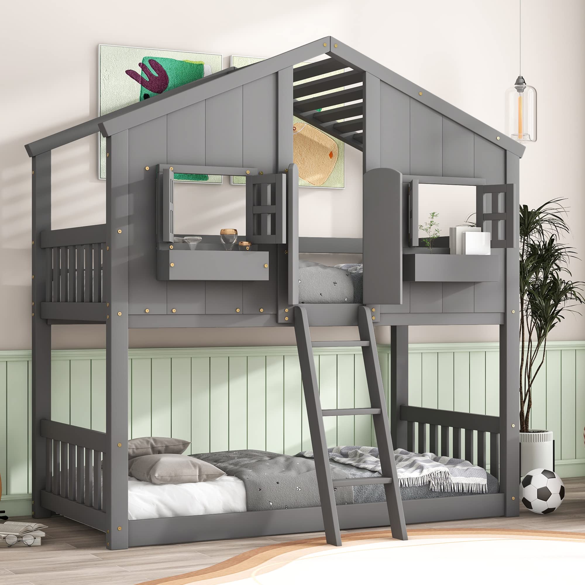 BOVZA Twin Over Twin House Bunk Beds with Roof and Window Door, Window Box, Ladder, Wood Playhouse Bunk Bed for Kids Girls Boys Teens, Gray