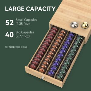 WELL WENG for Nespresso Vertuo Capsules (NV140) - Premium Bamboo Coffee Pod Drawer, 40 Big or 52 Small Vertuoline Pods Organizer Holder - 15.6'' Deep by 3.9'' High (Natural)