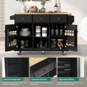 LUMISOL Kitchen Island on 5 Wheels with Wood Drop Leaf, Storage Cabinets and 3 Drawers, Rolling Kitchen Island Cart with Open Storage Shelves, Black