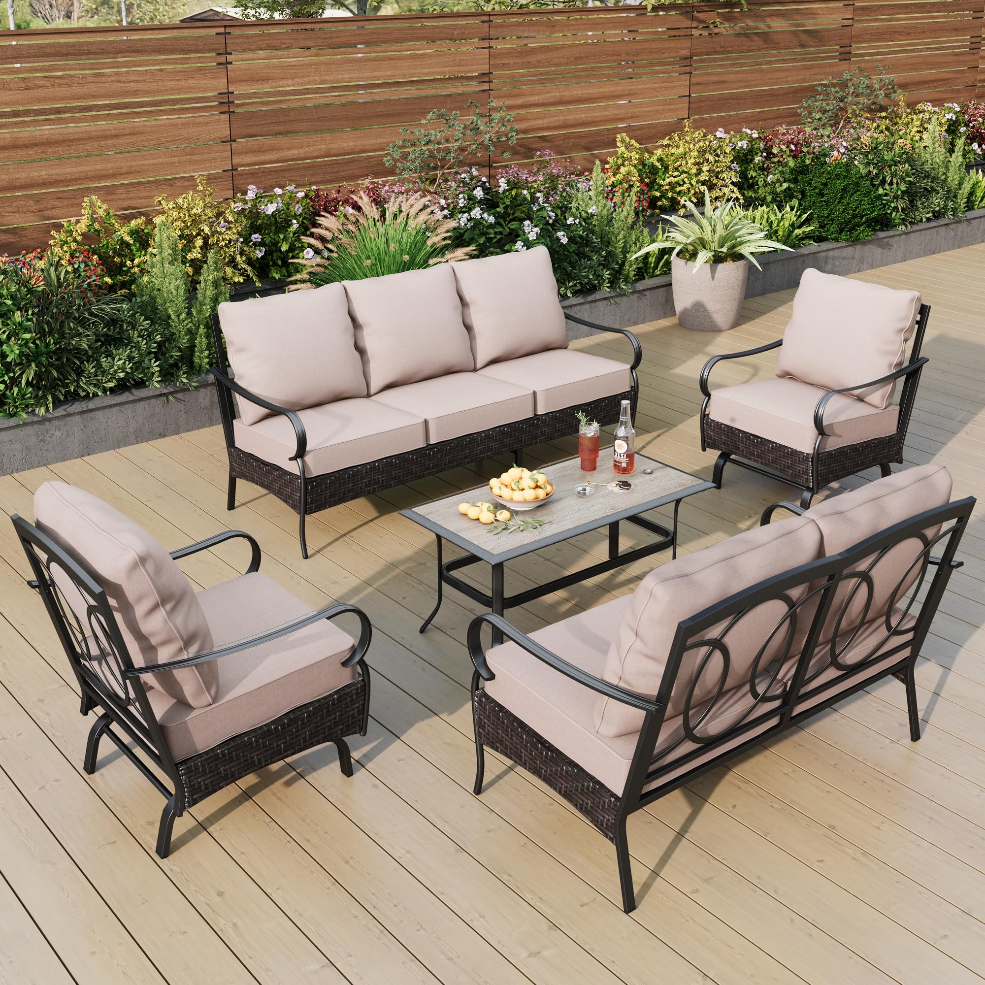 PHI VILLA Patio Furniture Set, 5 Pieces Outdoor Metal Wicker Conversation Sofa Set for Backyard w/Coffee Table, Seat Cushions