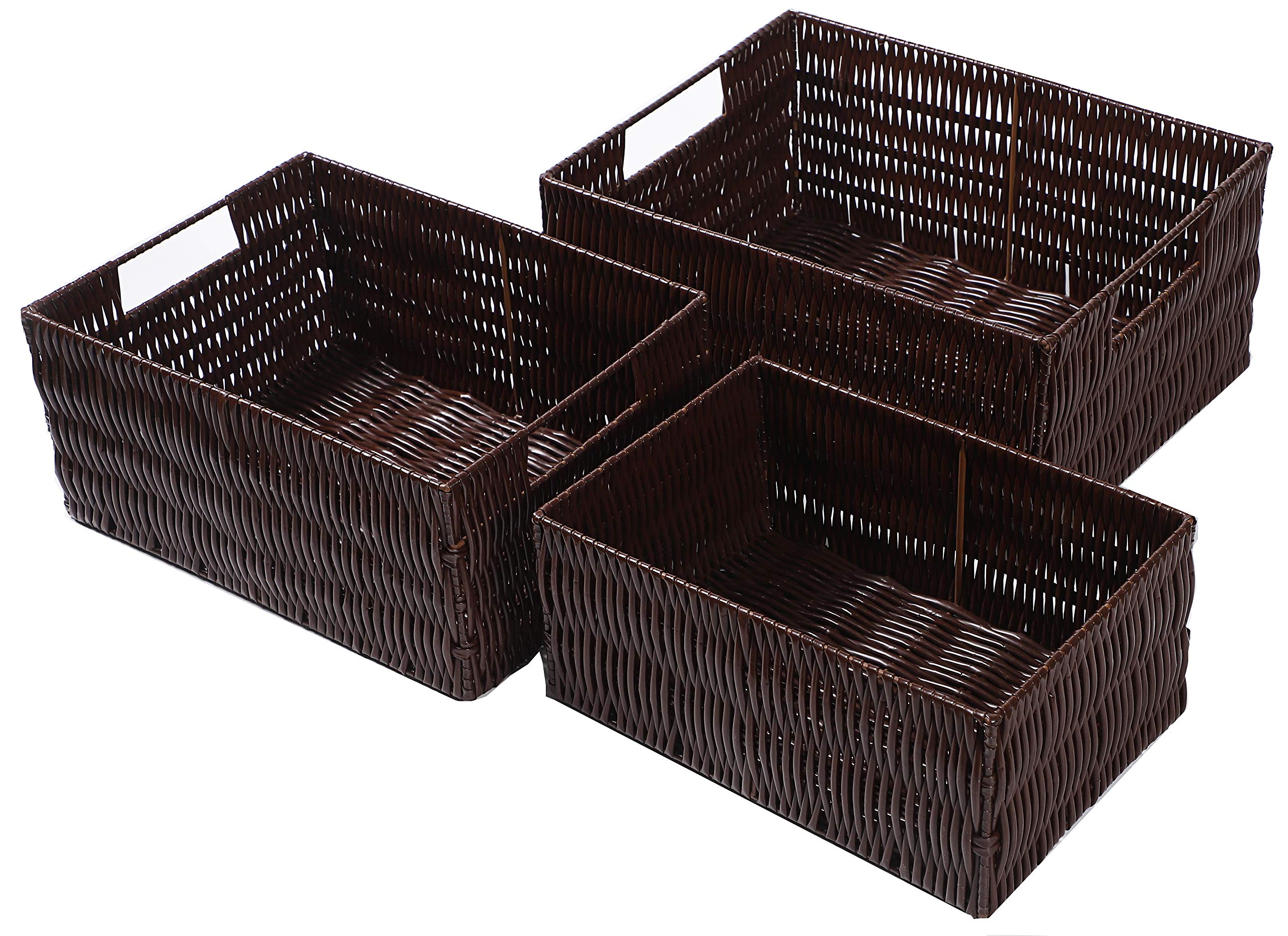 Elevon Handmade Storage Basket Set of 3, Plastic Wicker Baskets for Organizing with Handles, Storage Bins for Home Kitchen Countertop, Shelf Organizer, Waterproof, Coffee