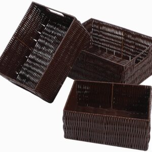 Elevon Handmade Storage Basket Set of 3, Plastic Wicker Baskets for Organizing with Handles, Storage Bins for Home Kitchen Countertop, Shelf Organizer, Waterproof, Coffee