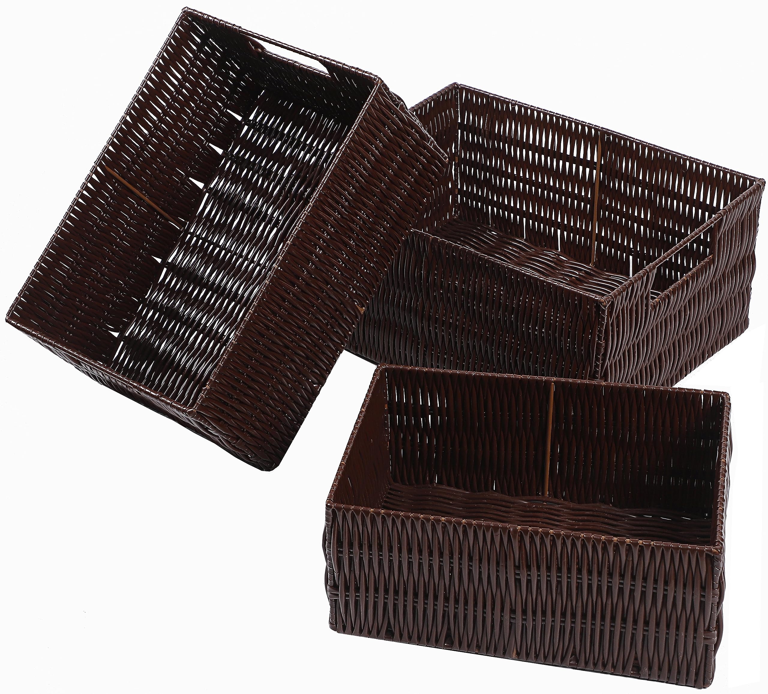 Elevon Handmade Storage Basket Set of 3, Plastic Wicker Baskets for Organizing with Handles, Storage Bins for Home Kitchen Countertop, Shelf Organizer, Waterproof, Coffee