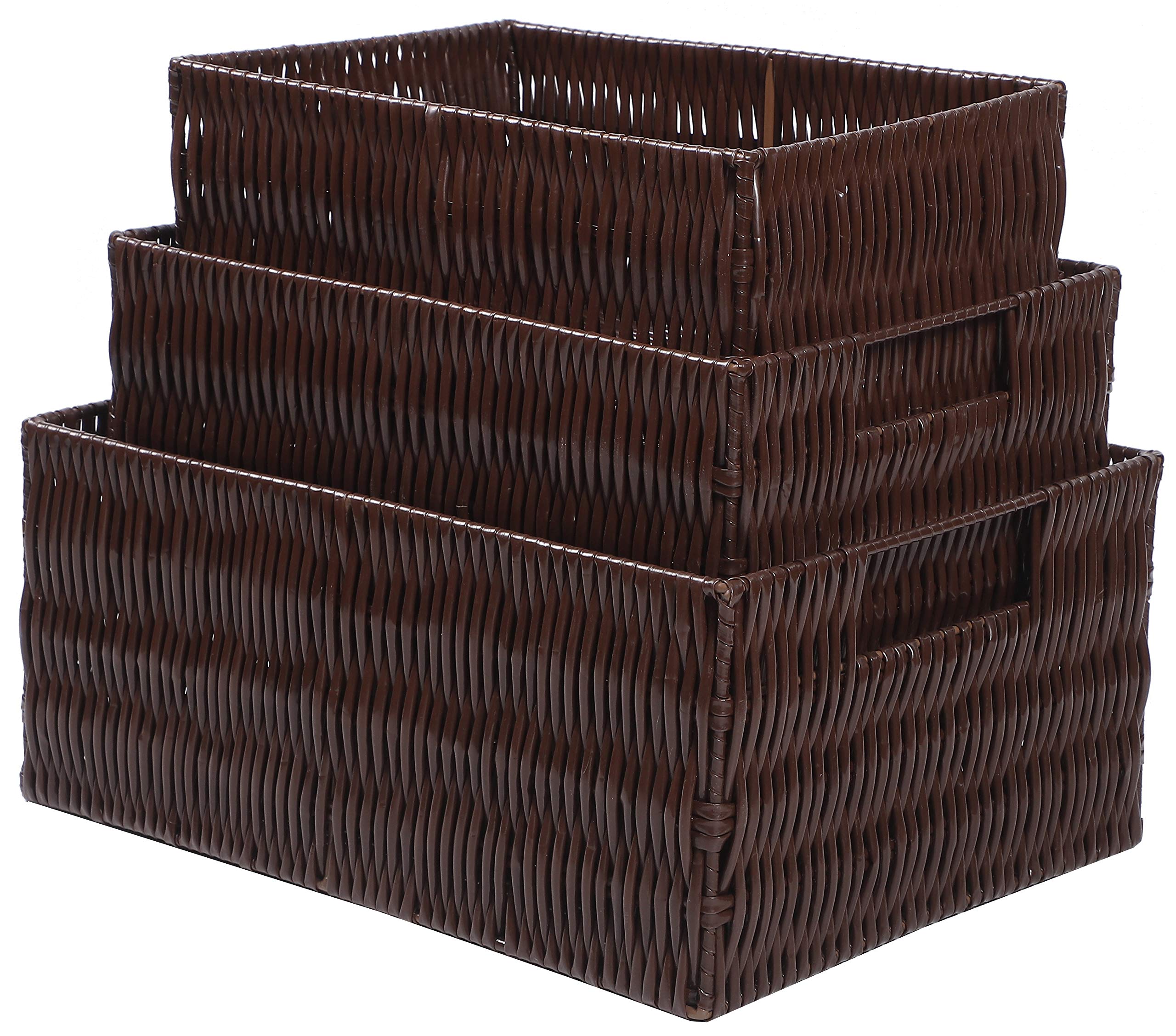 Elevon Handmade Storage Basket Set of 3, Plastic Wicker Baskets for Organizing with Handles, Storage Bins for Home Kitchen Countertop, Shelf Organizer, Waterproof, Coffee