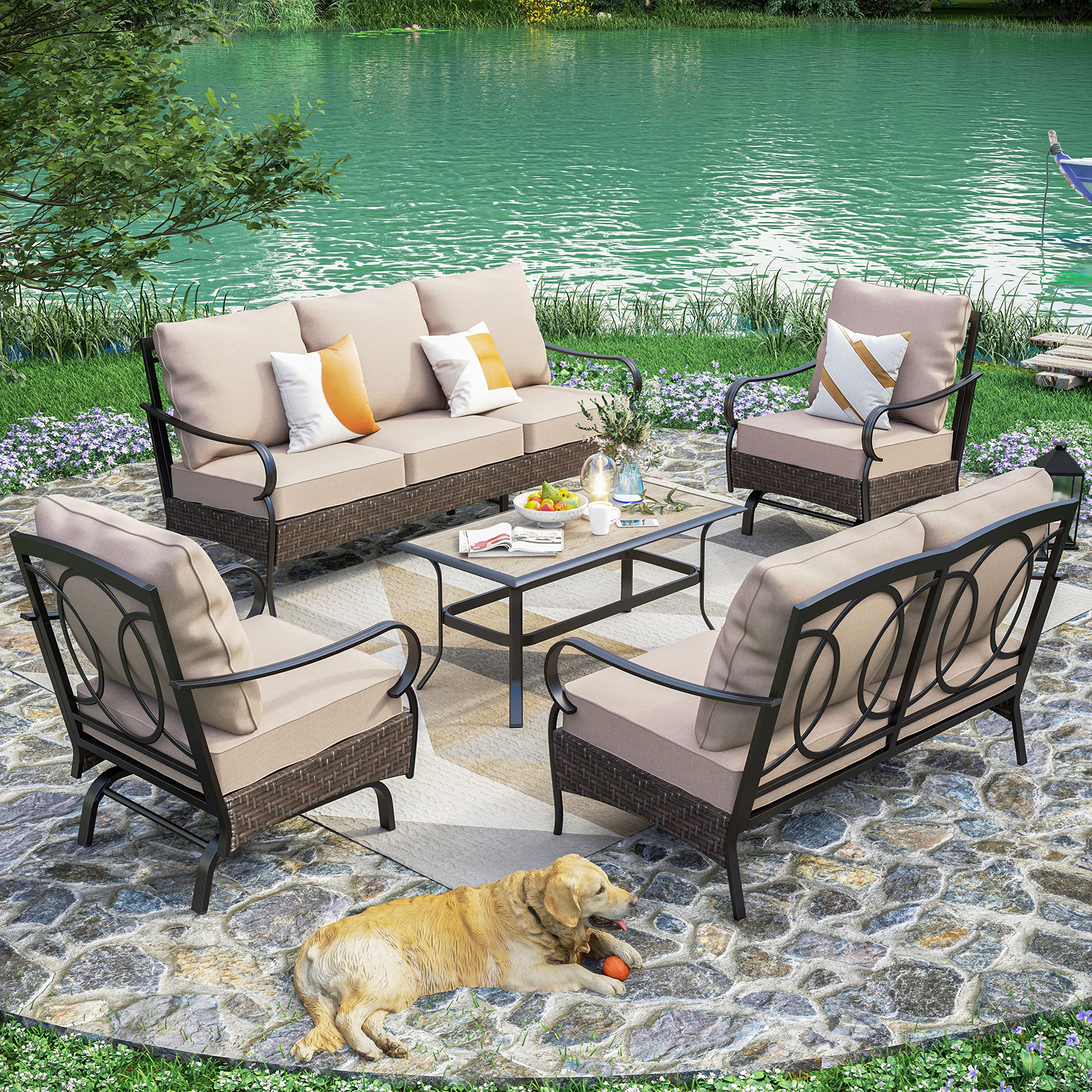 PHI VILLA Patio Furniture Set, 5 Pieces Outdoor Metal Wicker Conversation Sofa Set for Backyard w/Coffee Table, Seat Cushions