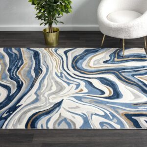 Abani Regal Collection Area Rug - Blue/Grey Abstract Wavy Design -4' x 6' - Easy to Clean - Durable for Kids and Pets - Non-Shedding - Medium Pile - Soft Feel - for Living Room, Bedroom & Office