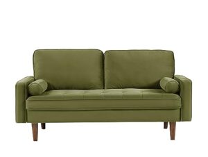 us pride furniture velvet tufted sofa, iconic mid-century style living room furniture with contemporary silhouette, button tufting and wood legs, includes 2 bolster pillows, loveseat, olive green