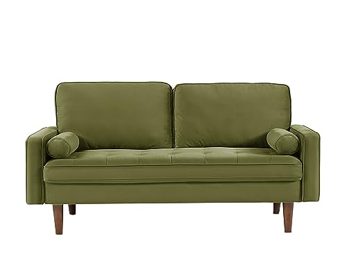 Container Furniture Direct Velvet 58" Loveseat Sofa Couch for Living Room, Classic Mid-Century Style with Modern Silhouette, Button Tufting and Wood Legs, Includes 2 Bolster Pillows, Olive Green