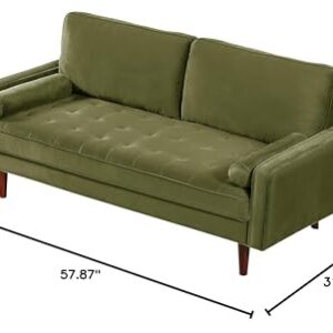 Container Furniture Direct Velvet 58" Loveseat Sofa Couch for Living Room, Classic Mid-Century Style with Modern Silhouette, Button Tufting and Wood Legs, Includes 2 Bolster Pillows, Olive Green