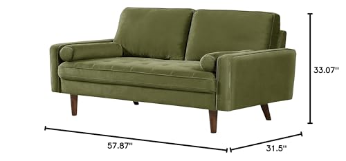 US Pride Furniture Velvet Tufted Sofa, Iconic Mid-Century Style Living Room Furniture with Contemporary Silhouette, Button Tufting and Wood Legs, Includes 2 Bolster Pillows, Loveseat, Olive Green