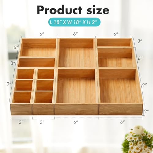 Fabsome Drawer Organizer, Set of 9 Bamboo Wood Kitchen Makeup Desk Junk Tea Drawer Storage Boxes Bins for Cutlery Silverware Utensils Flatware, Small Wooden Container Tray for Bathroom, Office