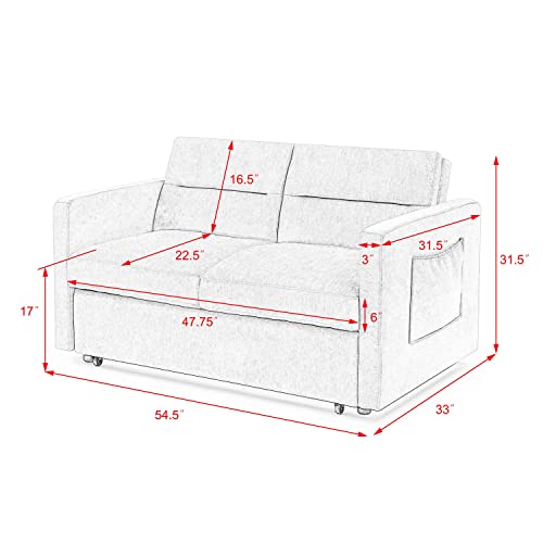 FANYE 3 in 1 Modern Convertible Loveseat Sofa Cum Sofabed, Functional 2 Seaters Sofa&Couch W/Pull Out Sleeper Couch Bed and Adjustable Backrest for Small Space, 54.5", Grey