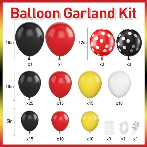 Black Yellow Red Balloon Garland Arch Kit,BTZO Cartoon Mouse Balloons Arch With Red Black Dots Balloons for Cartoon Mouse Theme Birthday Party Baby Shower Decorations