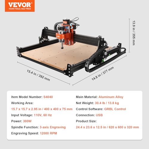 VEVOR CNC Router Machine, 300W, 3 Axis GRBL Control Wood Engraving Carving Milling Machine Kit, 400 x 400 x 75 mm / 15.7 x 15.7 x 2.95 in Working Area 12000 RPM for Wood Acrylic MDF PVC Plastic Foam