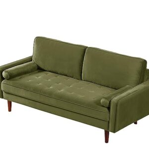 Container Furniture Direct Velvet 58" Loveseat Sofa Couch for Living Room, Classic Mid-Century Style with Modern Silhouette, Button Tufting and Wood Legs, Includes 2 Bolster Pillows, Olive Green