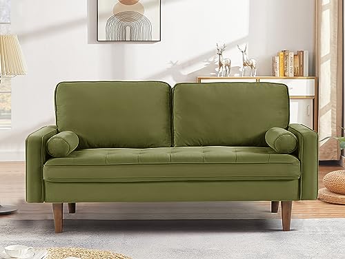 US Pride Furniture Velvet Tufted Sofa, Iconic Mid-Century Style Living Room Furniture with Contemporary Silhouette, Button Tufting and Wood Legs, Includes 2 Bolster Pillows, Loveseat, Olive Green