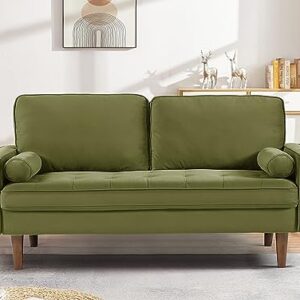 Container Furniture Direct Velvet 58" Loveseat Sofa Couch for Living Room, Classic Mid-Century Style with Modern Silhouette, Button Tufting and Wood Legs, Includes 2 Bolster Pillows, Olive Green