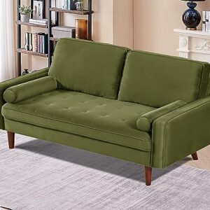 US Pride Furniture Velvet Tufted Sofa, Iconic Mid-Century Style Living Room Furniture with Contemporary Silhouette, Button Tufting and Wood Legs, Includes 2 Bolster Pillows, Loveseat, Olive Green