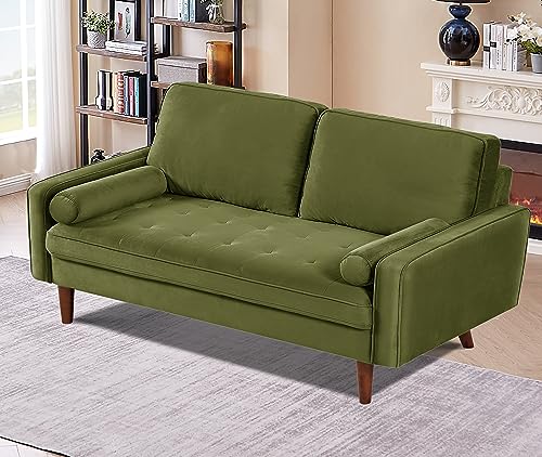 US Pride Furniture Velvet Tufted Sofa, Iconic Mid-Century Style Living Room Furniture with Contemporary Silhouette, Button Tufting and Wood Legs, Includes 2 Bolster Pillows, Loveseat, Olive Green