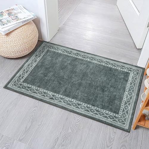 Lahome Modern Bordered Bathroom Rugs- 2x3 Entryway Rug Ultra-Thin Soft Small Rug Non-Slip Indoor Door Mat Stain Resistant Accent Carpet Washable Rugs for Bedroom Kitchen Laundry(2x3ft, Gray)