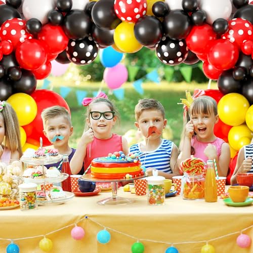 Black Yellow Red Balloon Garland Arch Kit,BTZO Cartoon Mouse Balloons Arch With Red Black Dots Balloons for Cartoon Mouse Theme Birthday Party Baby Shower Decorations