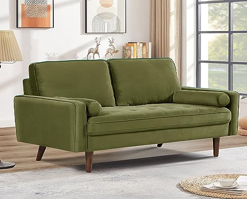 Container Furniture Direct Velvet 58" Loveseat Sofa Couch for Living Room, Classic Mid-Century Style with Modern Silhouette, Button Tufting and Wood Legs, Includes 2 Bolster Pillows, Olive Green