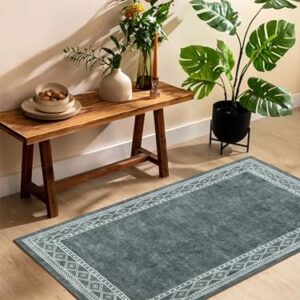 Lahome Modern Bordered Bathroom Rugs- 2x3 Entryway Rug Ultra-Thin Soft Small Rug Non-Slip Indoor Door Mat Stain Resistant Accent Carpet Washable Rugs for Bedroom Kitchen Laundry(2x3ft, Gray)