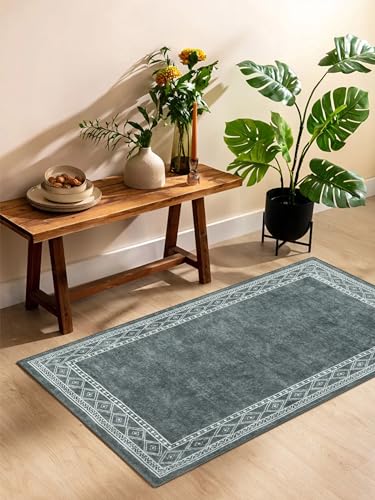 Lahome Modern Bordered Bathroom Rugs- 2x3 Entryway Rug Ultra-Thin Soft Small Rug Non-Slip Indoor Door Mat Stain Resistant Accent Carpet Washable Rugs for Bedroom Kitchen Laundry(2x3ft, Gray)