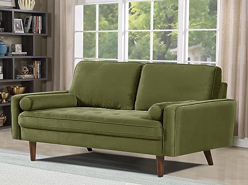 Container Furniture Direct Velvet 58" Loveseat Sofa Couch for Living Room, Classic Mid-Century Style with Modern Silhouette, Button Tufting and Wood Legs, Includes 2 Bolster Pillows, Olive Green