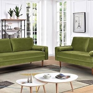 US Pride Furniture Velvet Tufted Sofa, Iconic Mid-Century Style Living Room Furniture with Contemporary Silhouette, Button Tufting and Wood Legs, Includes 2 Bolster Pillows, Loveseat, Olive Green