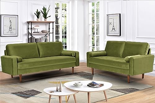 US Pride Furniture Velvet Tufted Sofa, Iconic Mid-Century Style Living Room Furniture with Contemporary Silhouette, Button Tufting and Wood Legs, Includes 2 Bolster Pillows, Loveseat, Olive Green