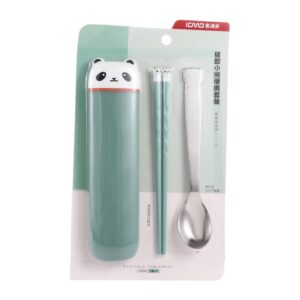 portable travel utensils set with case, reusable chopsticks spoon cutlery set with case, plastic & stainless steel & silicone, cute panda head premium flatware set for daily use