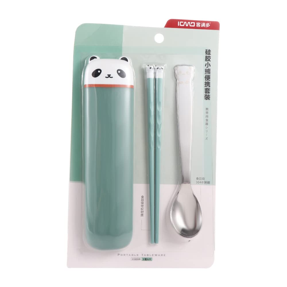 Portable Travel Utensils Set with Case, Reusable Chopsticks Spoon Cutlery Set with Case, Plastic & Stainless Steel & Silicone, Cute Panda Head Premium Flatware Set for Daily Use