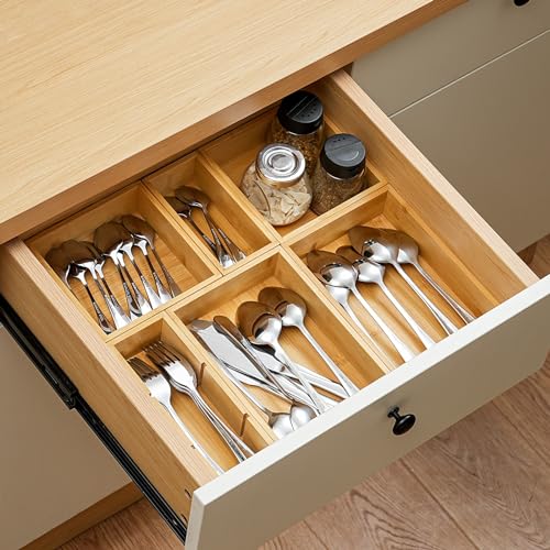 Fabsome Drawer Organizer, Set of 9 Bamboo Wood Kitchen Makeup Desk Junk Tea Drawer Storage Boxes Bins for Cutlery Silverware Utensils Flatware, Small Wooden Container Tray for Bathroom, Office