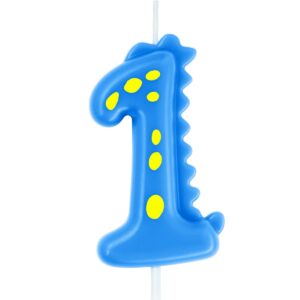 eusbon dinosaur candle 1, 2.76" blue dino candle number 1 for 1st birthday theme party number candle topper for cake decoration