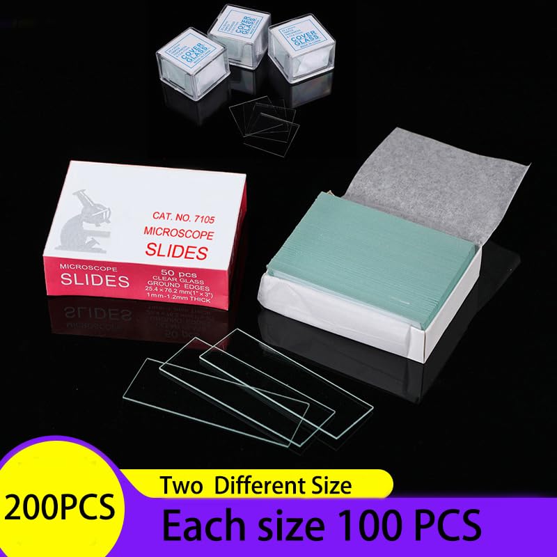 200PCS Microscope Slides and Covers, 100 Slides(1" x 3"), 100 Coverslips(0.87" x 0.87") Blank Glass Slides for Microscope Set - for Microscopy Experiments and Analysis, Suitable for Most Microscopes