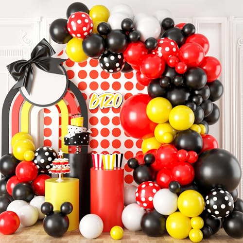 Black Yellow Red Balloon Garland Arch Kit,BTZO Cartoon Mouse Balloons Arch With Red Black Dots Balloons for Cartoon Mouse Theme Birthday Party Baby Shower Decorations